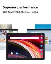 TechsConnect 10-inch Android tablet with 32GB storage, dual cameras, IPS touch screen, Wi-Fi, and 6000mAh battery in black.