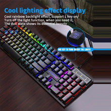 Techsconnect 104-key backlit mechanical gaming keyboard with waterproof luminous keys and matching wired mouse for PC and laptop use.