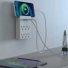White 15 Amp grounded AC/DC adapter with six outlets, designed for reliable power connections by TechsConnect.