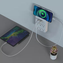 White 15-amp grounded AC/DC adapter with six outlets, designed for versatile electrical connections by TechsConnect.