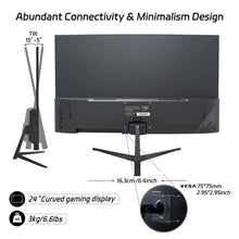 Techsconnect 24-inch curved gaming monitor with 180Hz refresh rate, 1ms response, FHD display, HDMI, DP, FreeSync, eye care tech.