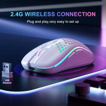 Techsconnect 2.4GHz wireless RGB gaming mouse with 6 buttons, adjustable DPI, Type-C charging, ergonomic honeycomb design.