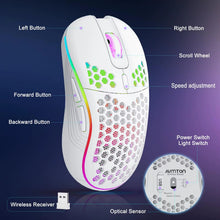 Techsconnect 2.4GHz wireless RGB backlit gaming mouse with 6 buttons, adjustable DPI, Type-C recharge, ergonomic honeycomb design.