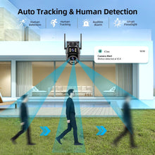 Techsconnect 4K 8MP HD WiFi PTZ outdoor CCTV camera with dual lenses, AI auto tracking, dual screen, and audio-video surveillance.