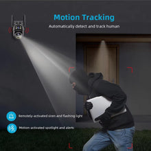 Techsconnect 4K 8MP HD outdoor WiFi PTZ camera with dual lenses, AI auto-tracking, dual screen, and audio-video surveillance.