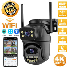Techsconnect 4K 8MP HD WiFi PTZ outdoor CCTV camera with dual lenses, AI auto tracking, dual screen, and audio-video surveillance.