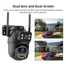 Techsconnect 4K 8MP HD WiFi PTZ outdoor CCTV camera with dual lenses, AI auto-tracking, dual screens, and audio-video surveillance.