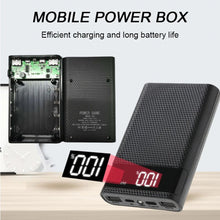 Techsconnect 4X18650 DIY power bank box with 15000mAh capacity, digital display, fast charging for Samsung and iPhone.