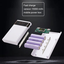 Techsconnect 4X18650 DIY power bank box with 15000mAh capacity, digital display, fast charging for Samsung and iPhone devices.