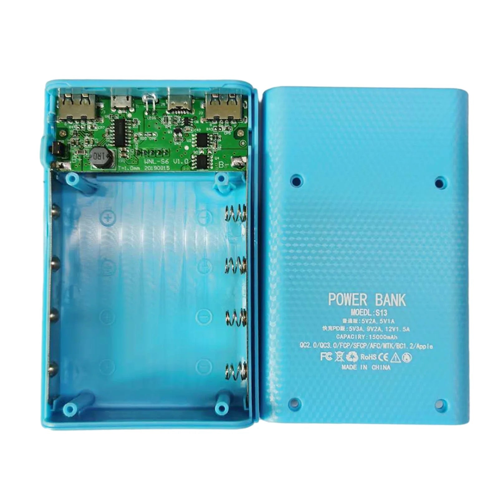Techsconnect 4x18650 DIY power bank box with 15000mAh capacity, digital display, compatible with Samsung and iPhone.