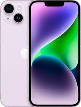 Apple iPhone 14 factory unlocked with 128GB or 256GB storage, sealed, showing front and back in black and white options.