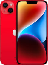 Sealed Apple iPhone 14 with 128GB or 256GB storage, factory unlocked, 100% battery health, in black, white, red, or blue.