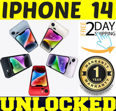 Apple iPhone 14 factory unlocked with 128GB or 256GB storage, sealed box, 100% battery, in black, white, red, and blue colors.