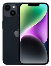 Apple iPhone 14 with 128GB or 256GB storage, factory unlocked, sealed, showing front and back views with colorful battery icons