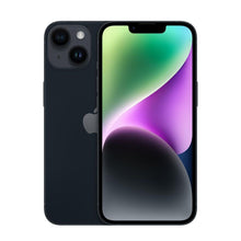 Apple iPhone 14 factory unlocked with 128GB or 256GB storage, sealed box, showing the front and colorful battery indicator.