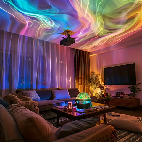 Techsconnect Aurora Borealis starry sky projector night light with remote, displaying galaxy effects and seven lighting options.