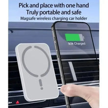 Techsconnect magnetic car air outlet phone holder with 15W wireless charging for MagSafe iPhone 12 to 17 models, with or without cable.