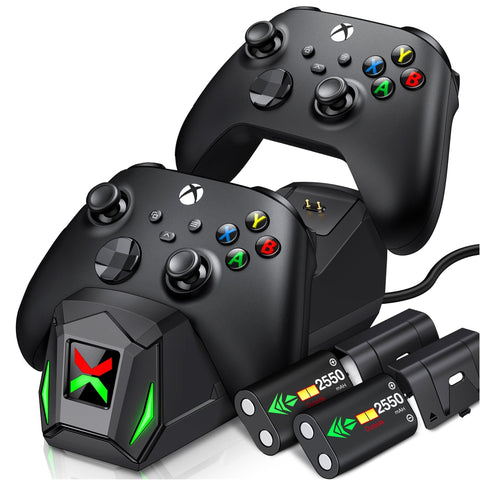 Techsconnect Xbox controller charger station with two 2550mAh battery packs for Xbox Series X, One X, S, and Elite gaming controllers.