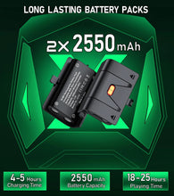 Techsconnect Xbox controller charger station with two 2550mAh battery packs for Xbox Series X, One X, S, and Elite gaming controllers.
