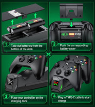 Techsconnect Xbox controller charger station with two 2550mAh rechargeable battery packs for Xbox Series X, One X, S, and Elite controllers.