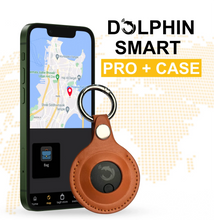 Dolphin Smart Bluetooth Tracker Pro with protective case, compact device for keys, bags, toys, featuring replaceable battery.