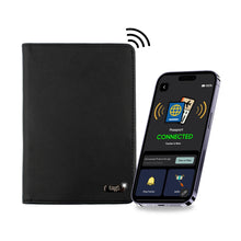 Dolphin Smart Leather Passport Tracker with RFID, designed to securely hold and organize a passport with a sleek leather cover.