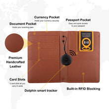 Leather Dolphin Smart Passport Tracker with RFID, designed for secure travel and easy identification of passports.