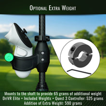 DeadEyeVR DriVR Elite adjustable VR weighted golf club handle accessory compatible with Quest 2, 3, 3s, and Pro VR headsets.