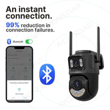 Techsconnect external WiFi PTZ camera with dual lenses, auto-tracking, outdoor IP security CCTV surveillance in 2.4Ghz and 5Ghz bands.