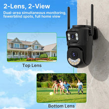 Techsconnect outdoor WiFi PTZ camera with dual lenses, auto tracking, 2.4GHz and 5GHz WiFi for outdoor security surveillance.
