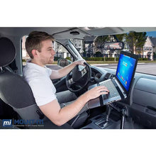 Techsconnect full-motion lockable car laptop mount for 12 to 15.4-inch laptops, featuring no-drill installation and adjustable positioning.