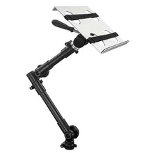 Techsconnect full-motion lockable car laptop mount holding 12 to 15.4-inch laptops, designed for secure, no-drill installation in vehicles.