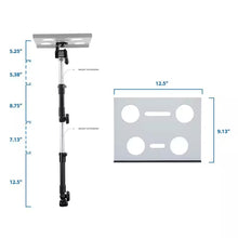 Techsconnect full-motion lockable car laptop mount for 12 to 15.4-inch laptops, shown installed in a vehicle.