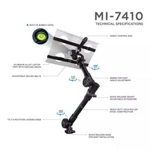 Techsconnect full-motion lockable car laptop mount holding 12 to 15.4-inch laptops with adjustable, no-drill installation.