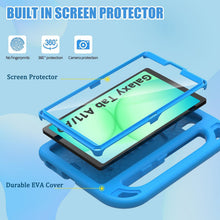 Blue kids' case for Samsung Galaxy Tab A11, A9, or A7 Lite with built-in screen protector and shockproof design.