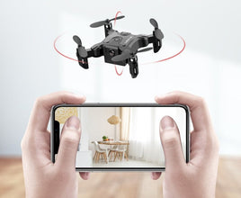 Mini folding drone from Dolphin Tracker with RFID, compact design, and advanced features for easy flight and recovery.