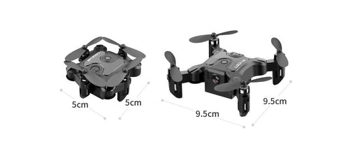 Mini folding drone by Dolphin Tracker with RFID, compact design, and propellers folded in for easy portability.
