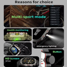 Techsconnect men's smartwatch with flashlight, Bluetooth call, fitness tracking, IP68 waterproof, compatible with Android and iOS.