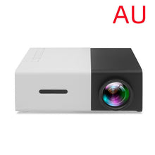 Dolphin Tracker portable 3D HD LED mini projector displaying a home theater scene with HDMI and USB connectivity.