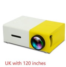 Dolphin Tracker portable 3D HD LED home theater projector displaying a movie on a wall with HDMI and USB ports visible.
