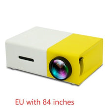Dolphin Tracker portable 3D HD LED mini projector displaying a home theater scene with HDMI and USB ports.