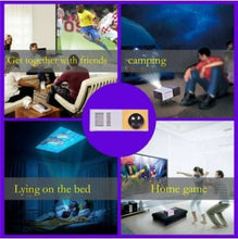 Dolphin Tracker portable 3D HD LED projector displaying a home theater cinema scene with HDMI and USB ports.