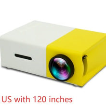 Portable Dolphin Tracker YG300 mini 3D HD LED projector showing a home theater setup with HDMI and USB connections.