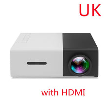 Dolphin Tracker portable 3D HD LED mini projector displaying a home theater scene with HDMI, USB, and audio connections.