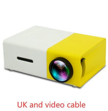 Dolphin Tracker portable 3D HD LED mini projector showing a home theater setup with HDMI, USB, and audio connections.