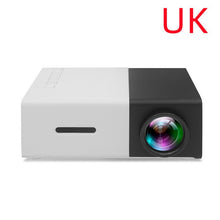 Dolphin Tracker 3D HD LED portable mini projector displaying a home theater setup with HDMI, USB, and audio connections.