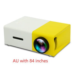 Dolphin Tracker 3D HD LED portable projector showing a home theater setup with HDMI, USB, and audio connections.