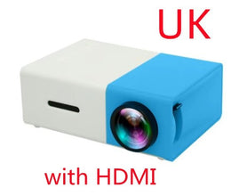 Dolphin Tracker portable 3D HD LED mini projector displaying a home theater scene with HDMI and USB connections.