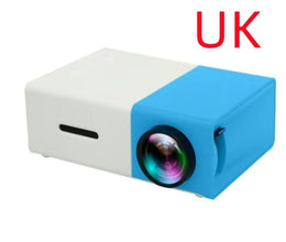 Dolphin Tracker portable 3D HD LED mini projector showing a home theater setup with HDMI, USB, and audio connections.