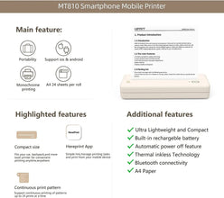Beige Techsconnect portable wireless thermal inkless printer for Android and iOS devices, showing compact design and connectivity features.